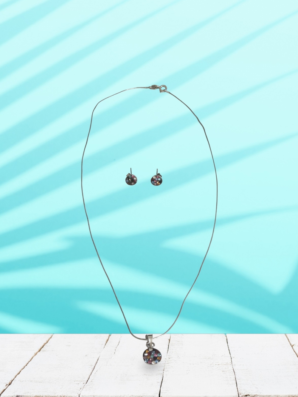 Multi-Color Crystal Pendant Necklace and Stud Earrings - Women Jewelry
